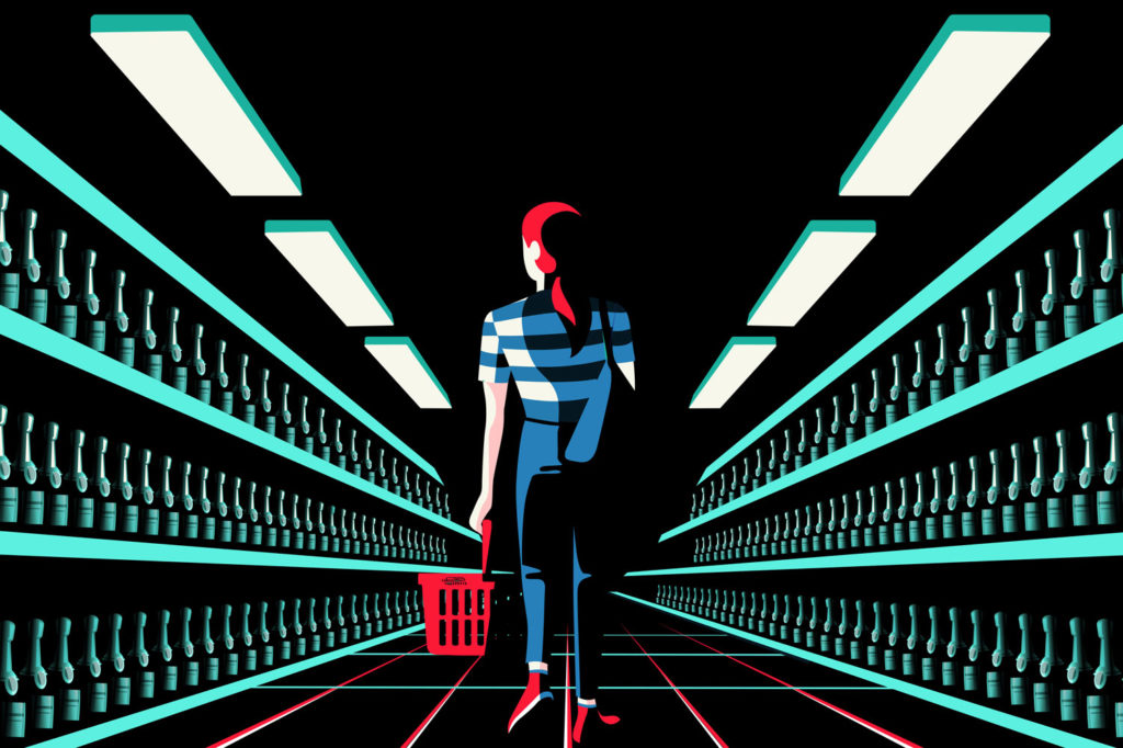 Illustration éditoriale, choisir son vin en supermarché